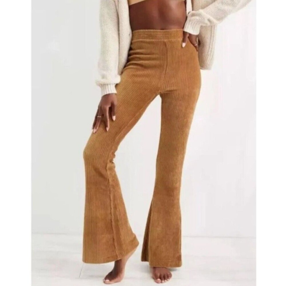 AERIE Groove-On Rib Velour Flare Pants Women’s M Brown High Rise Y2K Boho